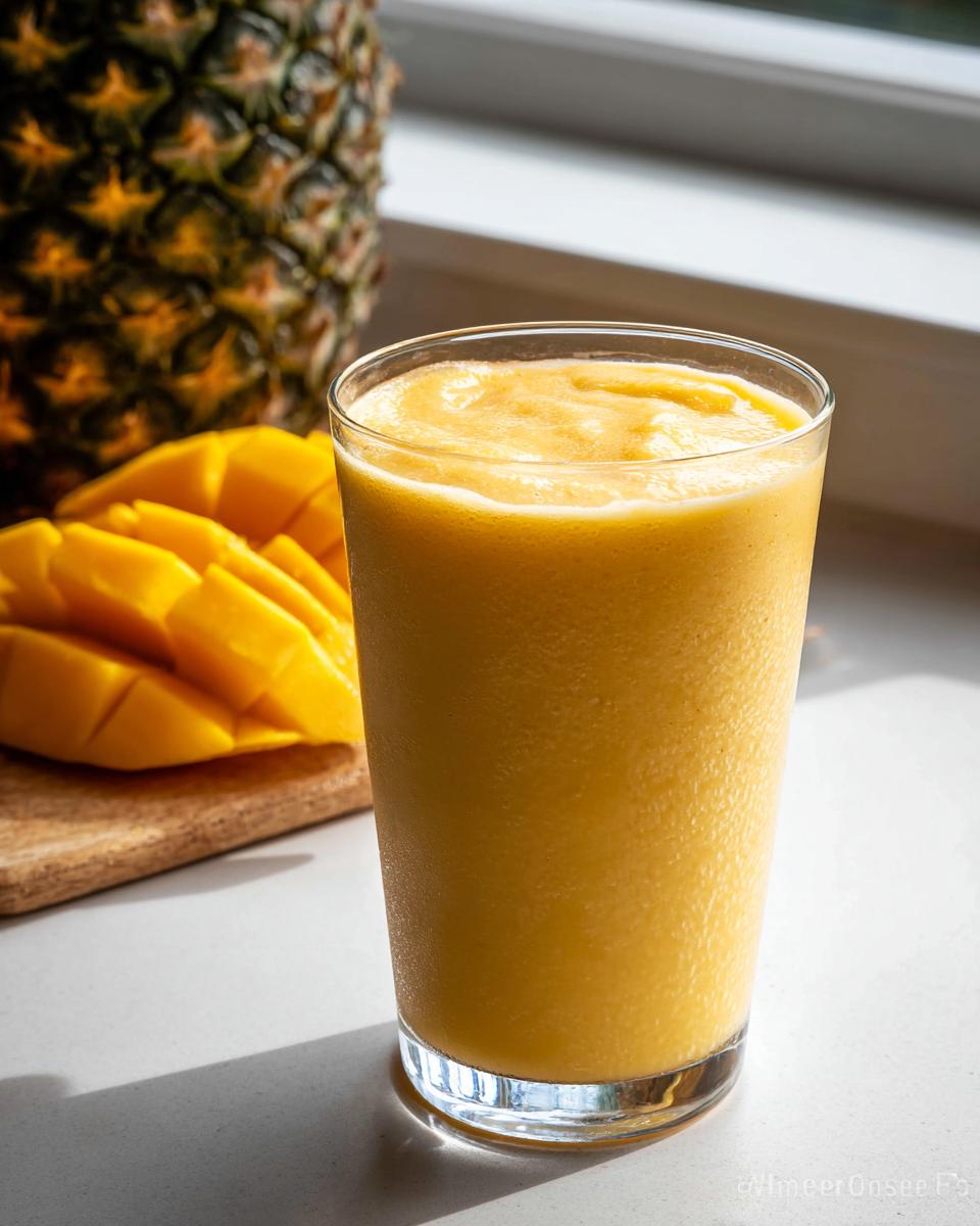 A tall glass filled with a thick, bright yellow Mango Pineapple Smoothie, with fresh mango slices and a whole pineapple in the background.