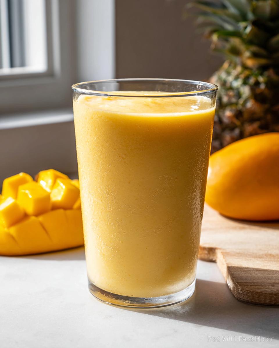A tall glass filled with a thick, bright yellow Mango Pineapple Smoothie, with fresh mango and pineapple nearby.