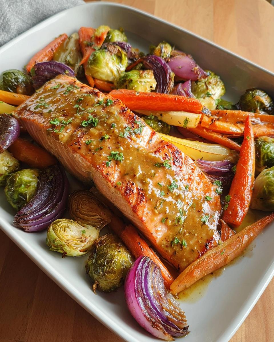 A perfectly cooked fillet of Maple Dijon Salmon Sheet Pan drizzled with glaze, surrounded by roasted carrots, Brussels sprouts, and red onions.