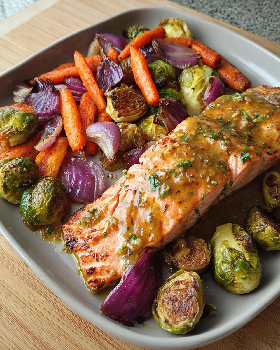 A perfectly cooked Maple Dijon Salmon Sheet Pan served with roasted carrots, red onions, and Brussels sprouts.