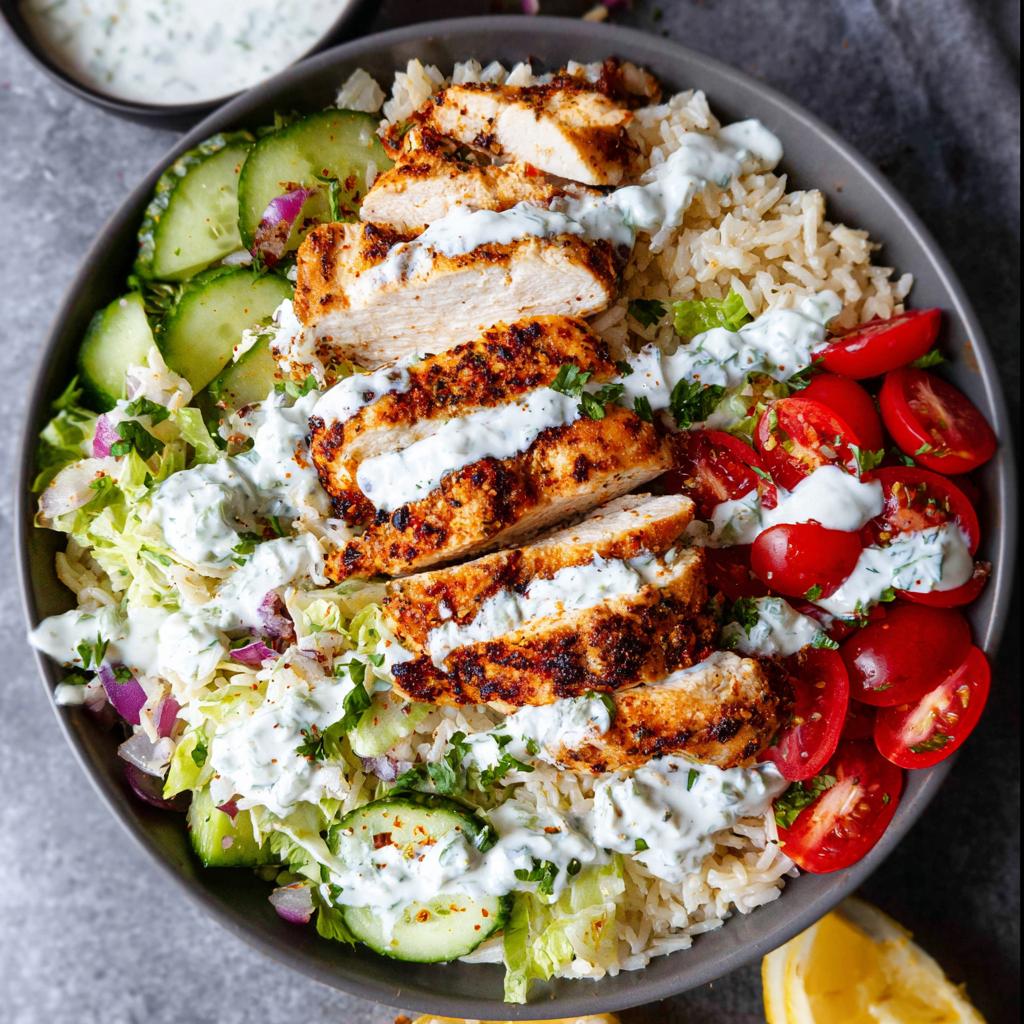 Top-down view of a Mediterranean Chicken Bowls featuring sliced seasoned chicken, rice, cucumbers, tomatoes, and a generous drizzle of tzatziki sauce.