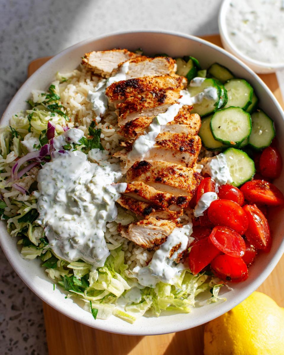 A vibrant bowl featuring sliced seasoned chicken over rice, topped with tzatziki sauce, fresh tomatoes, and cucumbers, part of the Mediterranean Chicken Bowls.