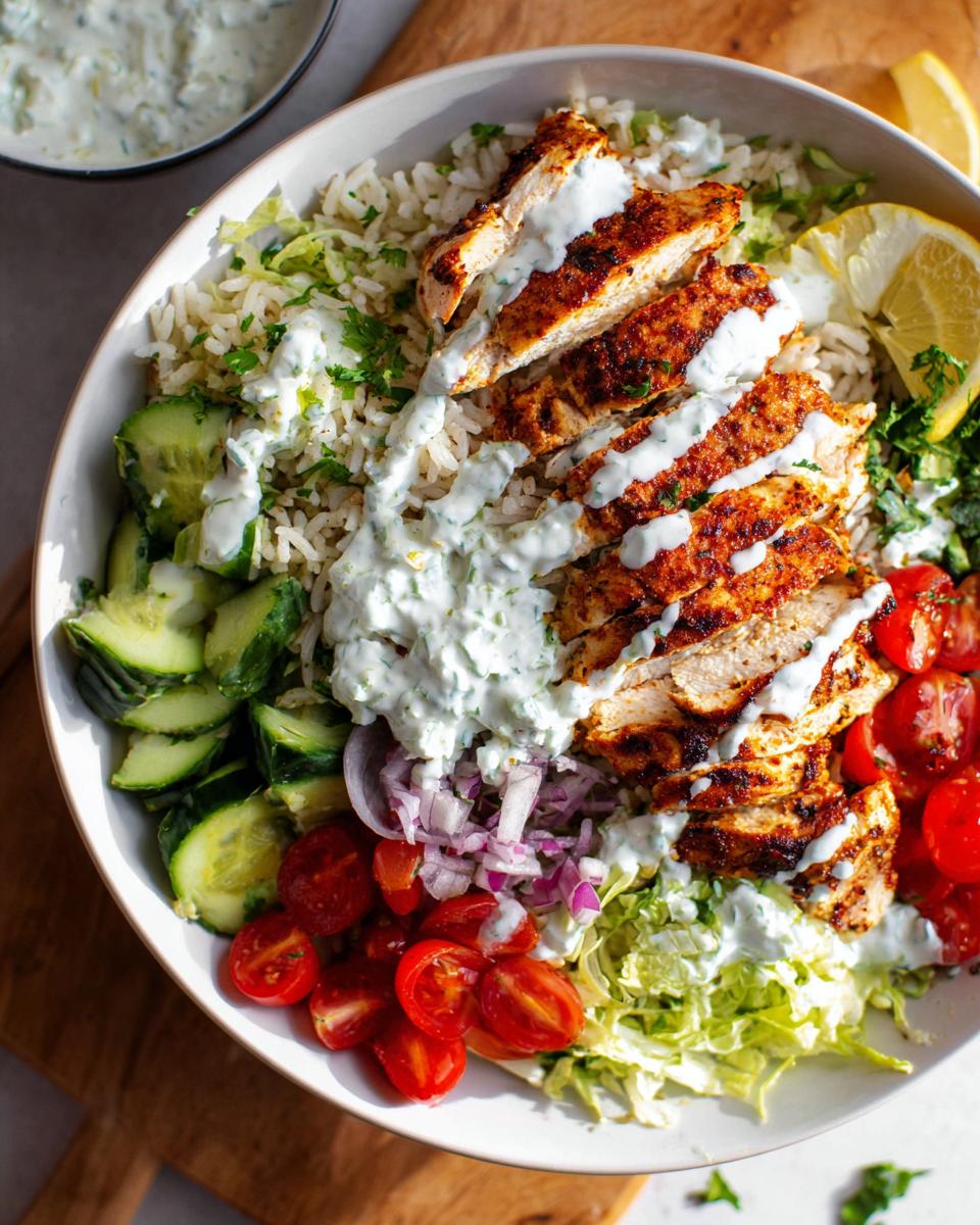 A close-up overhead view of a Mediterranean Chicken Bowls featuring sliced seasoned chicken, rice, cucumbers, tomatoes, and drizzled with tzatziki sauce.