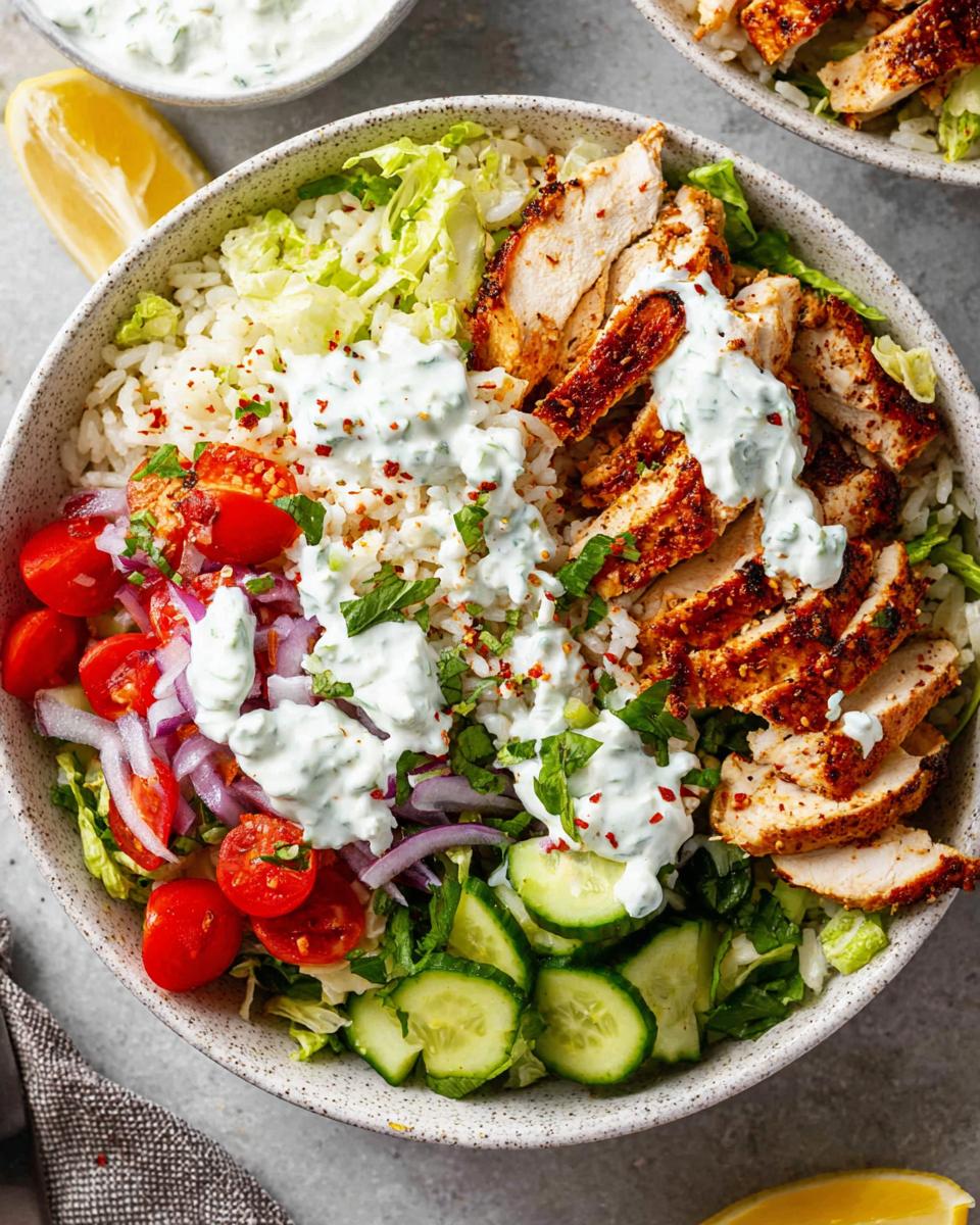 Overhead view of a vibrant Mediterranean Chicken Bowls featuring sliced seasoned chicken, rice, cucumbers, tomatoes, and a generous drizzle of white tzatziki sauce.