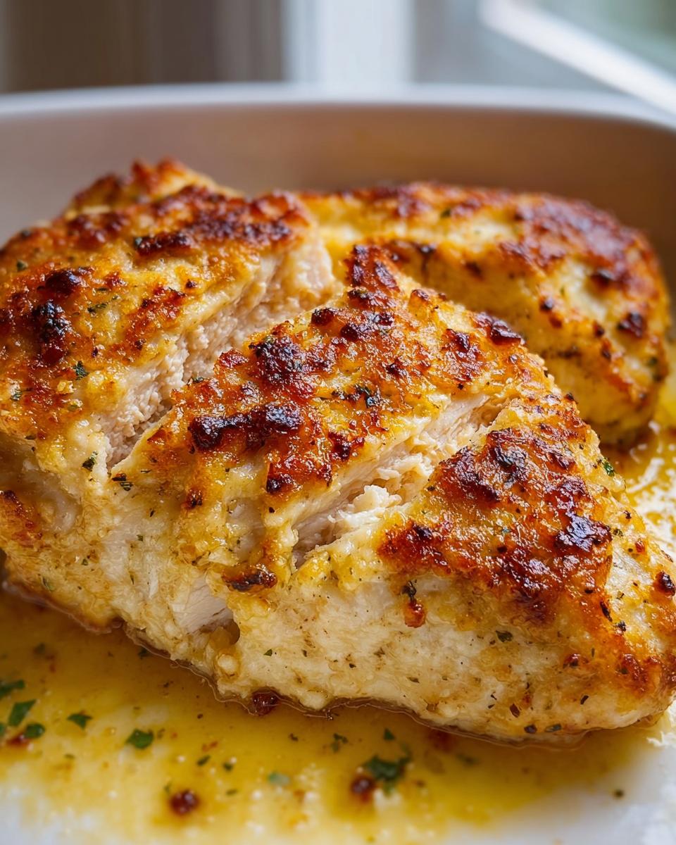 Close-up of a juicy, baked Melt In Your Mouth Chicken breast with a golden-brown, cheesy crust resting in buttery sauce.