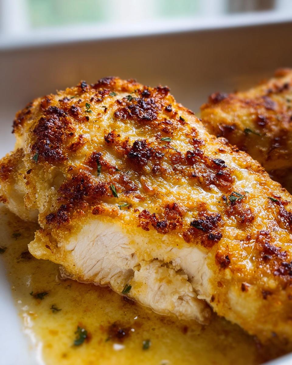 A close-up cross-section of a golden-brown crusted Melt In Your Mouth Chicken breast sitting in pan juices.