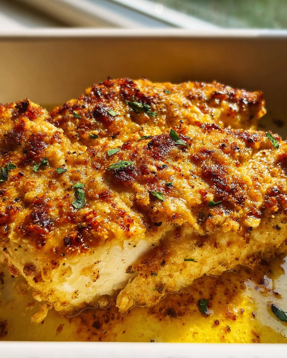 Close-up of two pieces of Melt In Your Mouth Chicken with a golden, crispy, seasoned crust sitting in butter sauce.