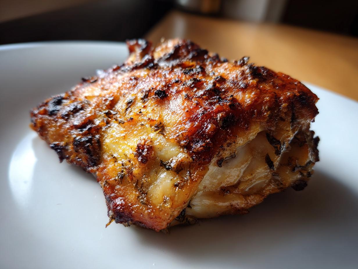 Close-up of a perfectly cooked piece of Melt In Your Mouth Chicken with golden, seasoned, and slightly charred skin.