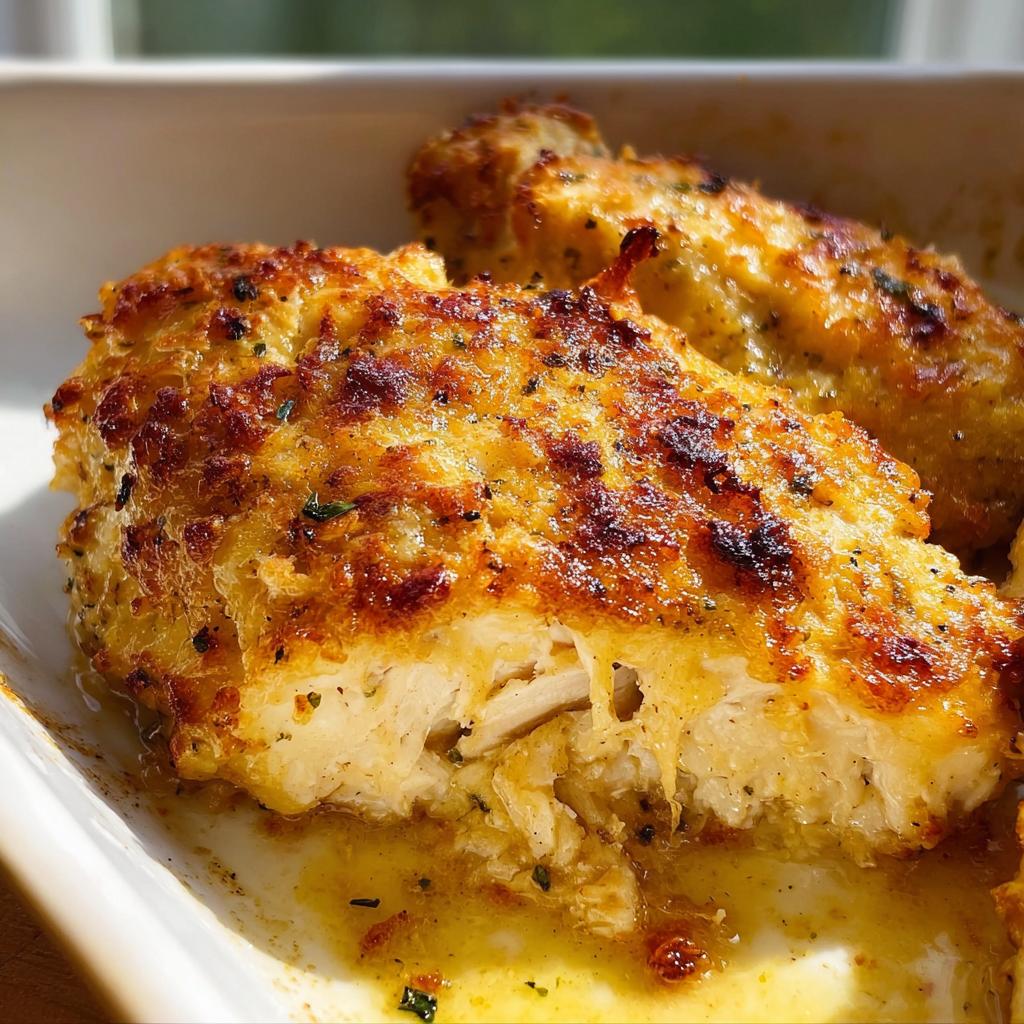 A close-up of a baked Melt In Your Mouth Chicken fillet with a golden, cheesy crust, showing the tender, moist interior.