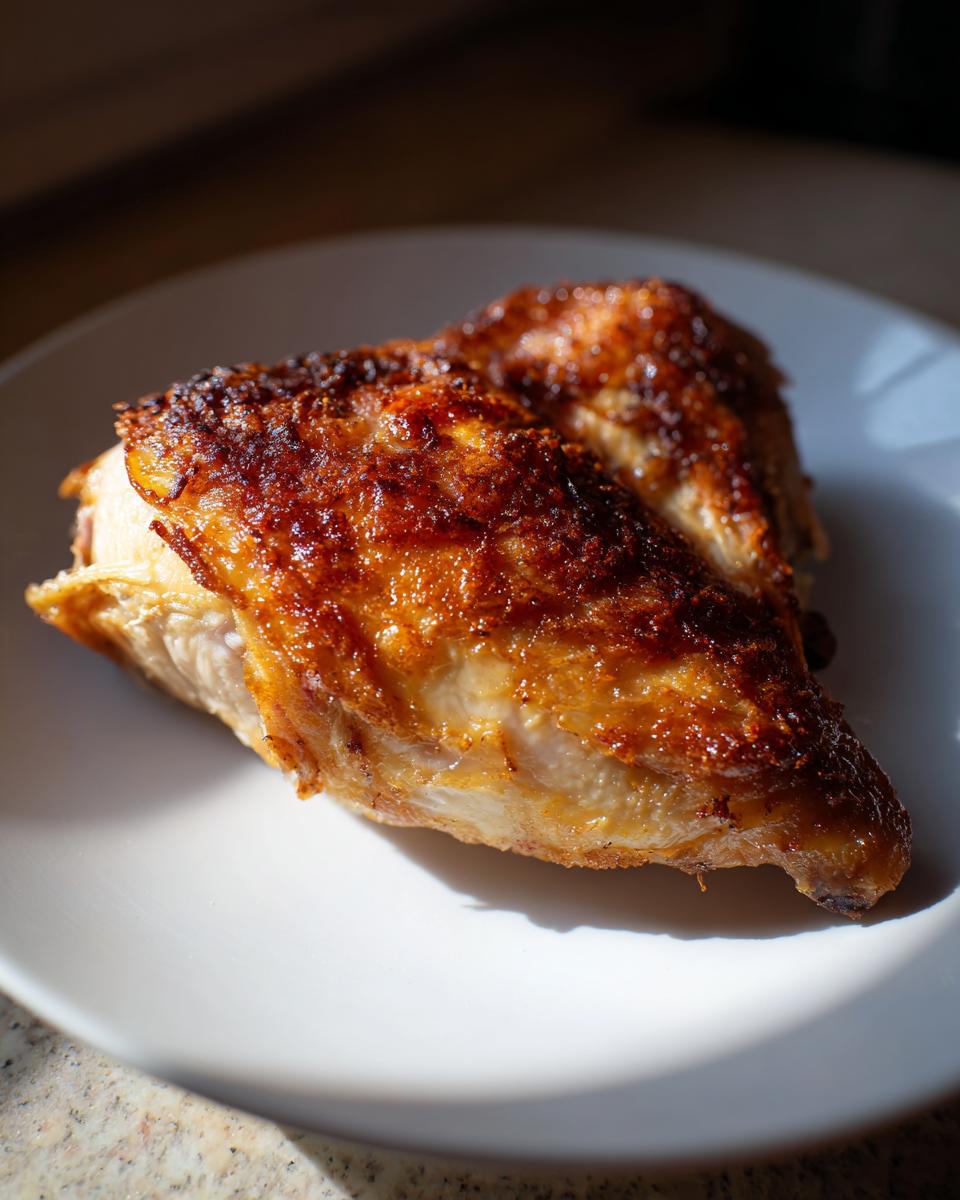 Close-up of juicy Melt In Your Mouth Chicken with beautifully browned, crispy skin on a white plate.