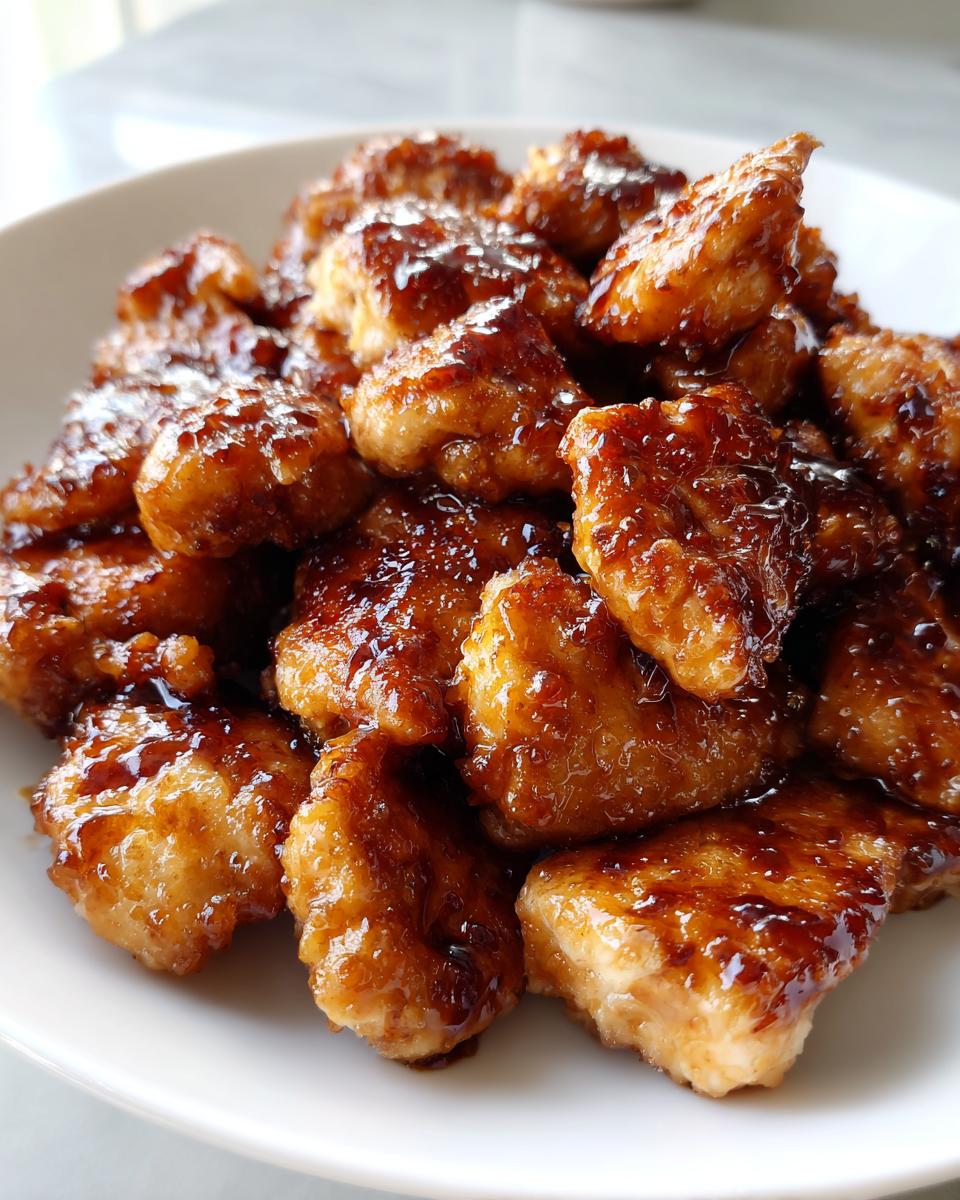 Close-up of juicy, glazed pieces of Melt In Your Mouth Chicken piled on a white plate.