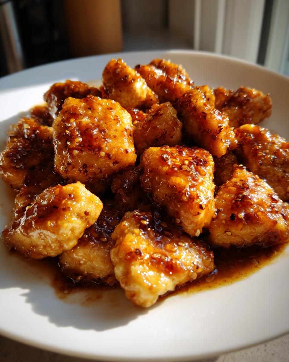Close-up of golden brown pieces of Melt In Your Mouth Chicken coated in a sticky, savory glaze with visible sesame seeds.