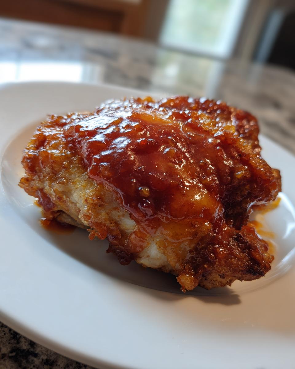 Close-up of a piece of Melt in Your Mouth Chicken coated in a thick, glossy, reddish-brown glaze.