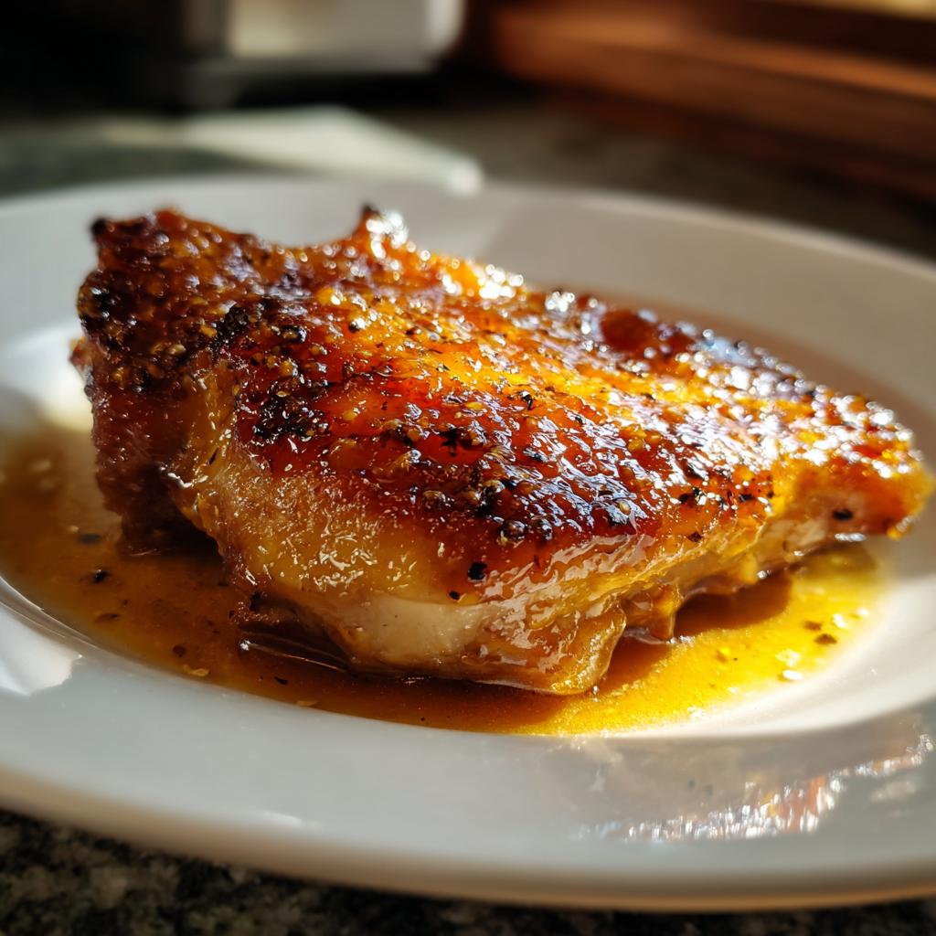 Close-up of a piece of Melt in Your Mouth Chicken with a shiny, caramelized glaze and pepper seasoning.