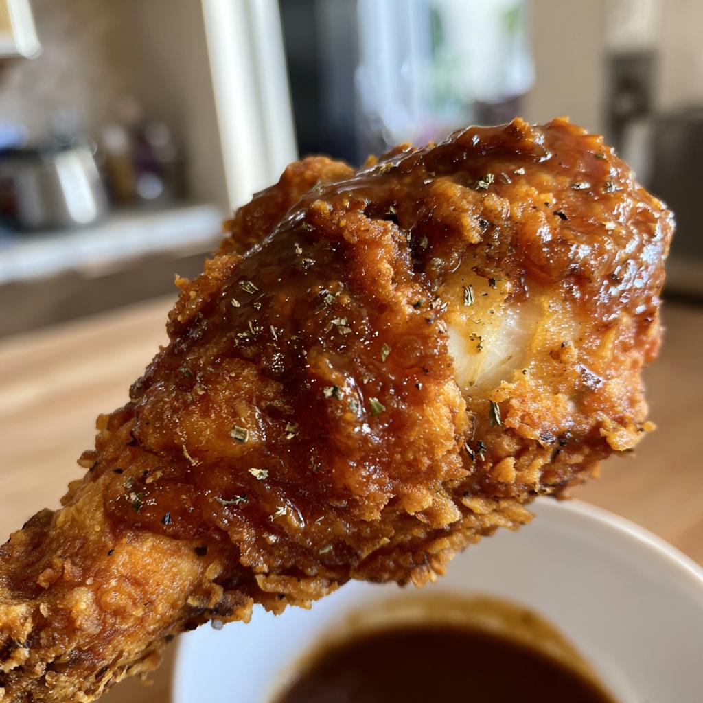 Close-up of a crispy, glazed drumstick showing the texture of the Melt in Your Mouth Chicken recipe.