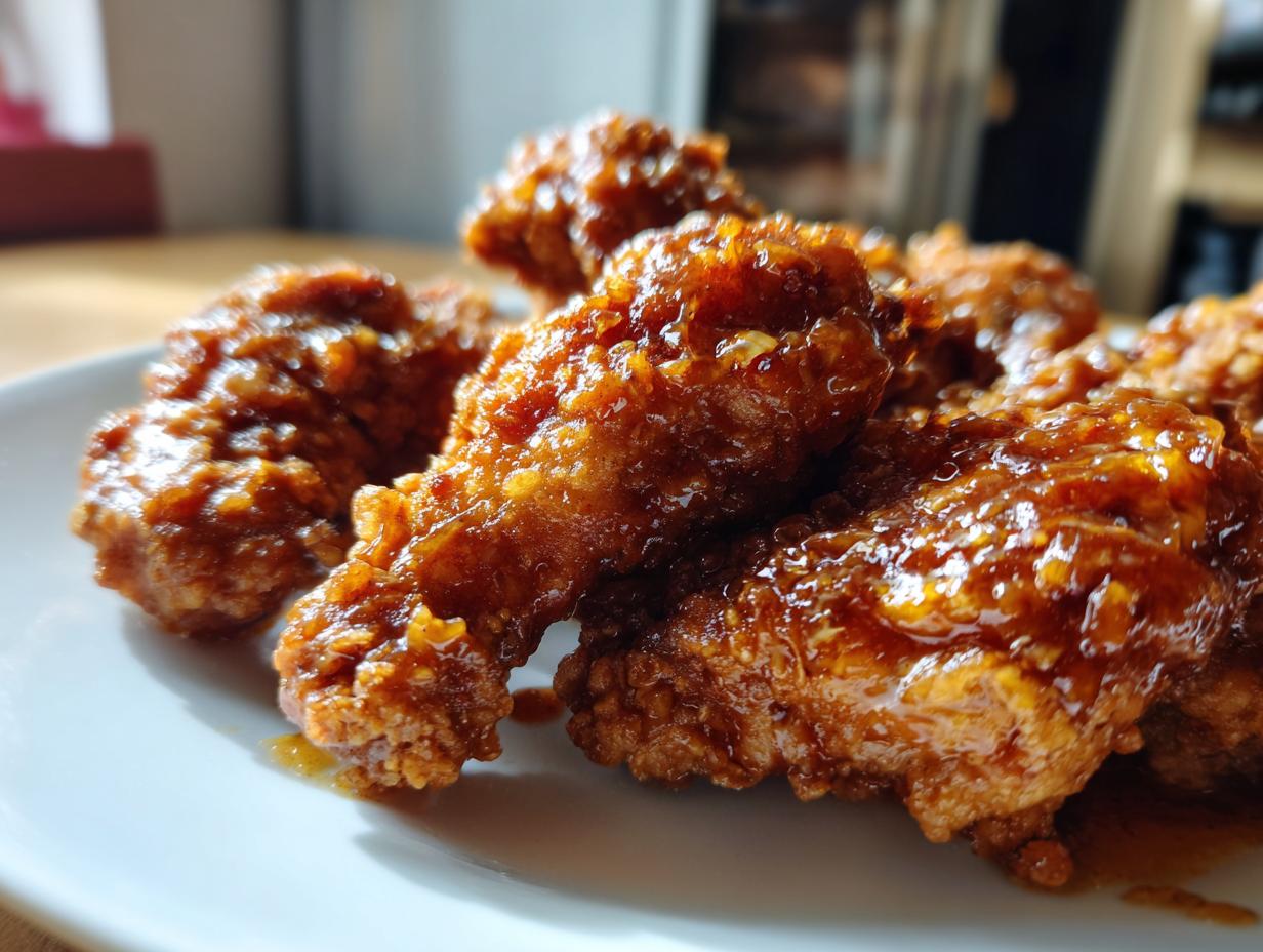 Close-up of crispy, glazed chicken pieces, showcasing the sticky sauce on the Melt in Your Mouth Chicken.