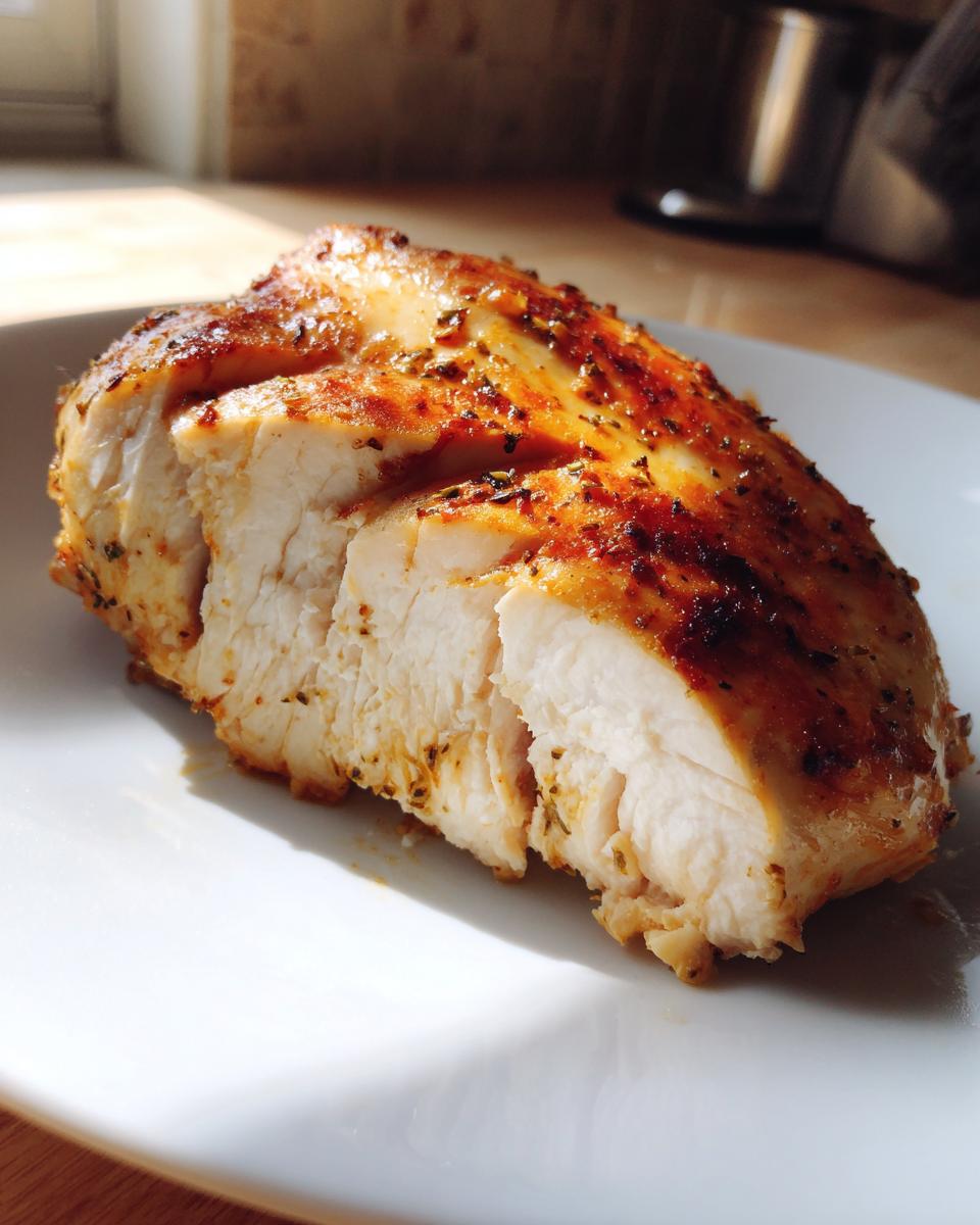 Close-up of a perfectly cooked, juicy Melt In Your Mouth Chicken breast, sliced to show the tender white meat.