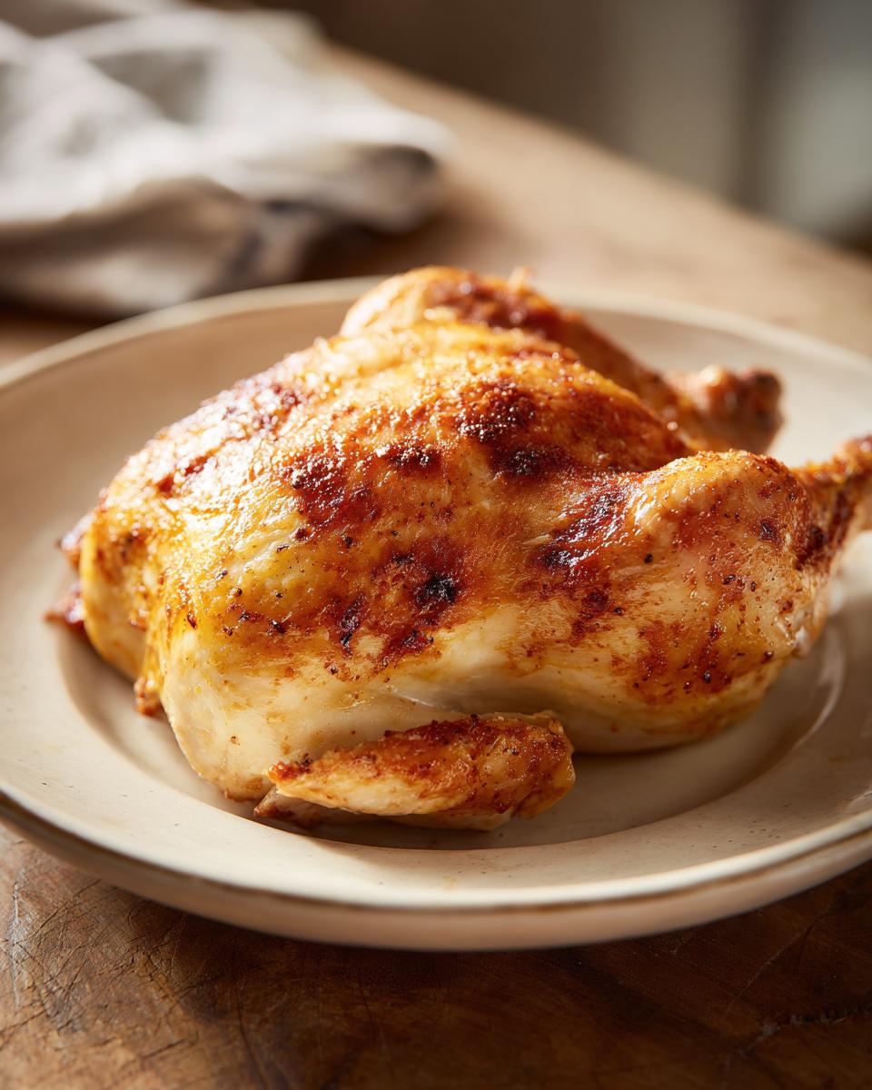 A perfectly roasted whole chicken showing crispy, golden brown skin, ready to serve for Melt In Your Mouth Chicken.