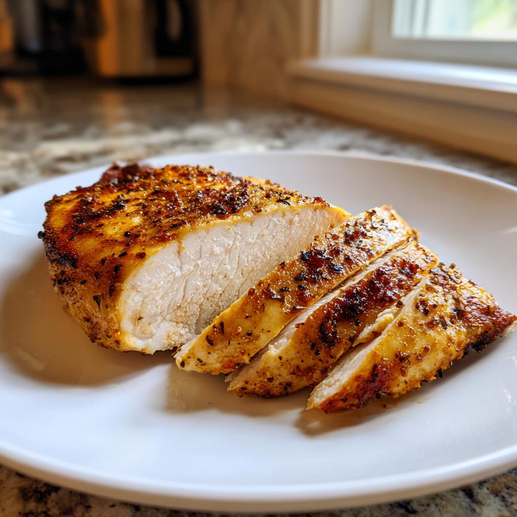 A perfectly cooked, seasoned chicken breast, sliced to show the juicy interior, demonstrating Melt In Your Mouth Chicken.