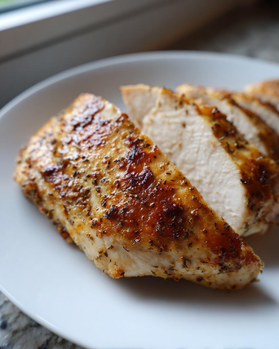 Close-up of a seasoned, golden-brown chicken breast, sliced to show the juicy interior, perfect for Melt In Your Mouth Chicken.