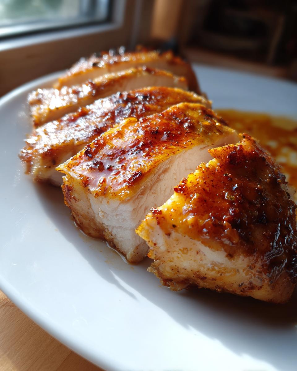 Close-up of sliced Melt In Your Mouth Chicken, showing juicy white meat and a caramelized, seasoned crust.