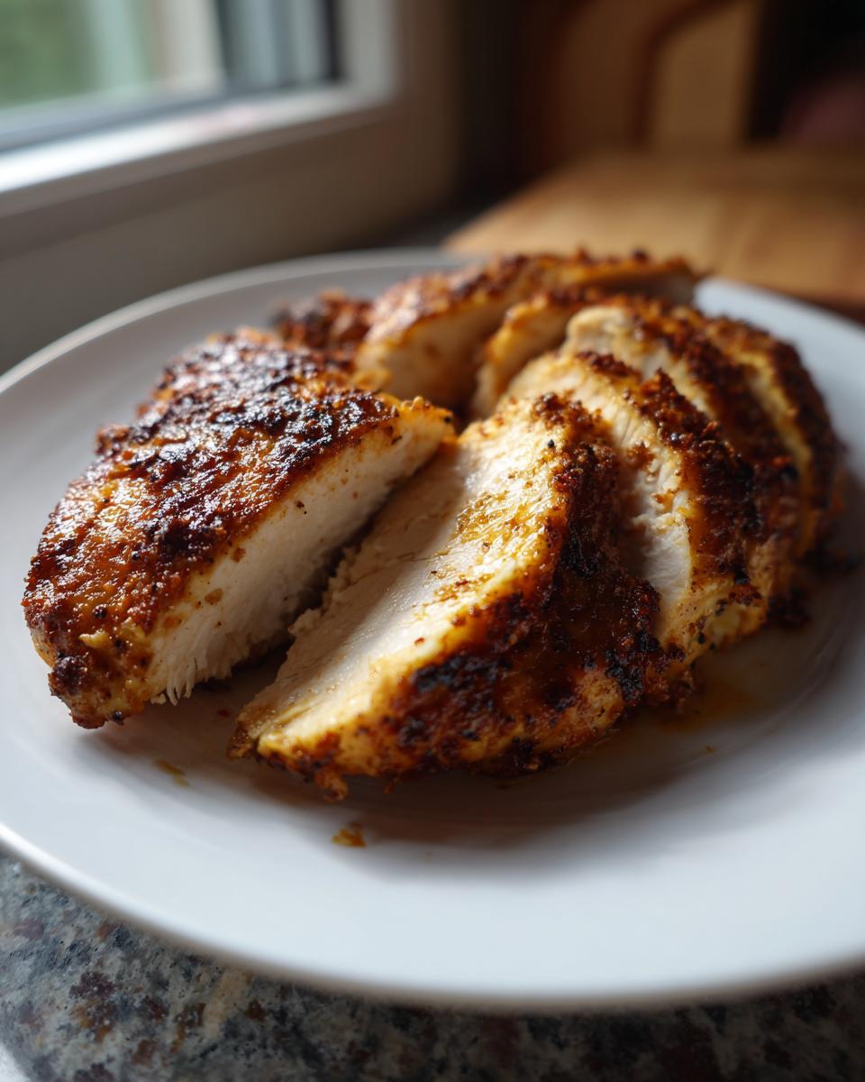 Slices of seasoned, perfectly cooked Melt In Your Mouth Chicken for Busy Moms resting on a white plate.
