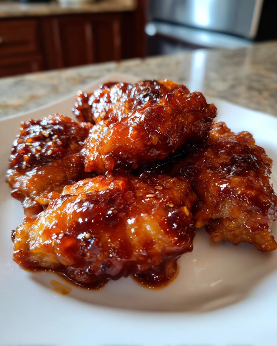 Close-up of several pieces of sticky, glazed Melt in Your Mouth Chicken on a white plate.