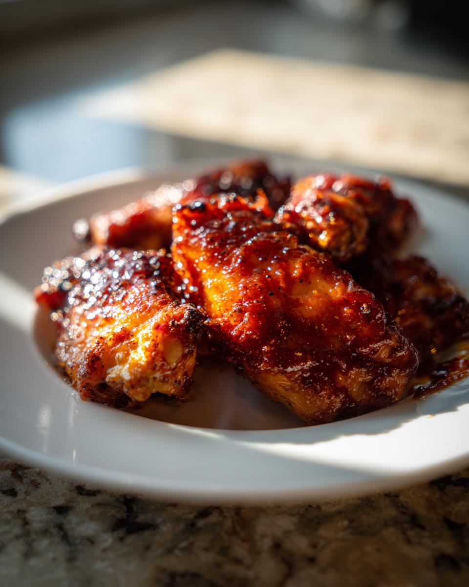 Close-up of glazed, dark brown Melt in Your Mouth Chicken wings on a white plate.
