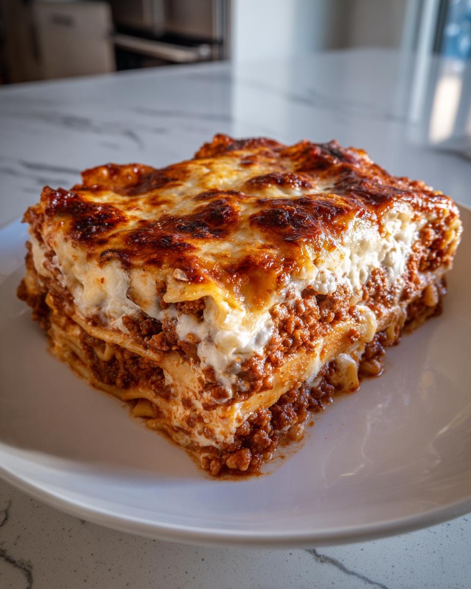 A thick, cheesy slice of Million Dollar Baked Ziti Recipe with browned top and rich meat sauce layers.