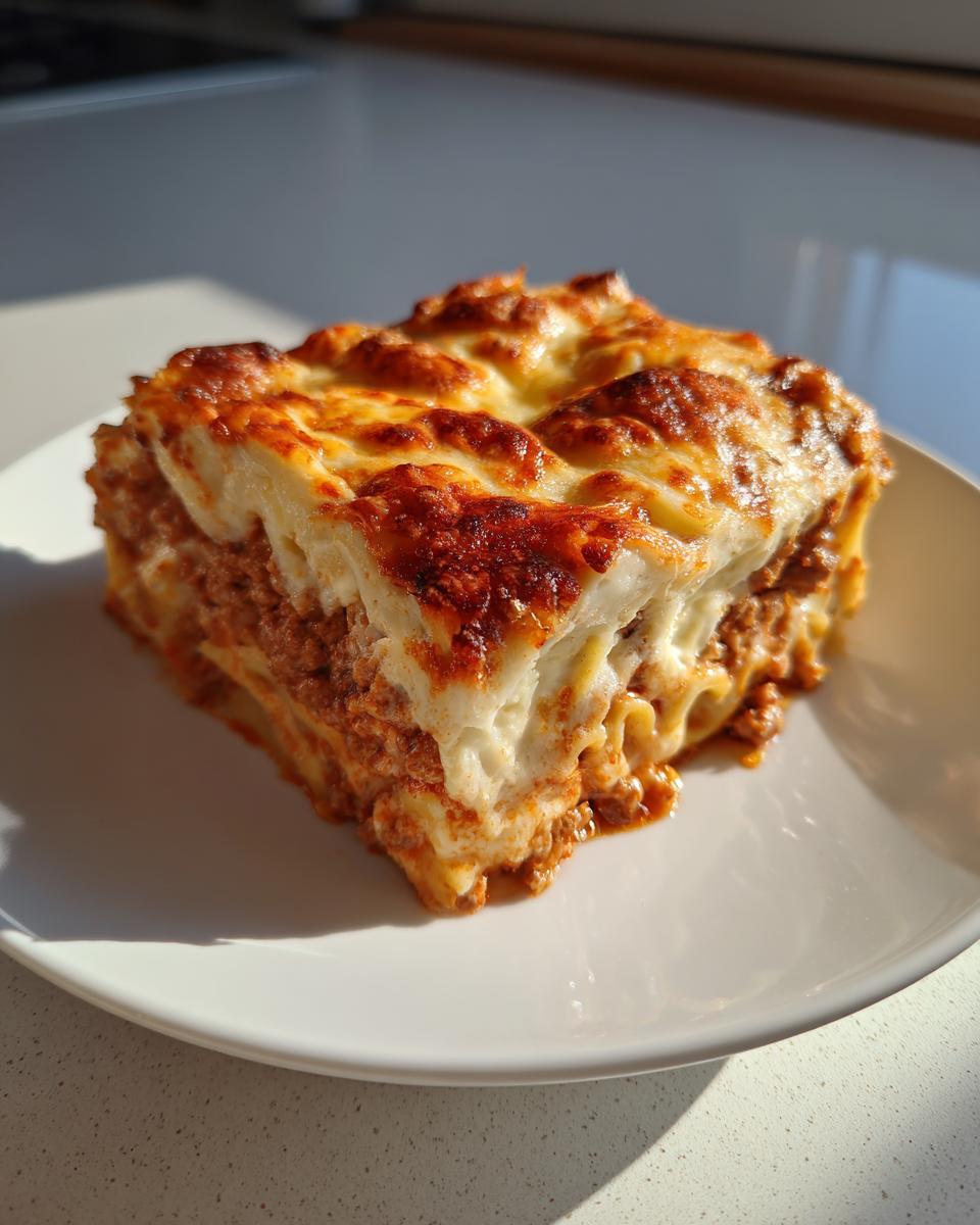 A perfectly baked, cheesy slice of Million Dollar Baked Ziti recipe on a white plate.