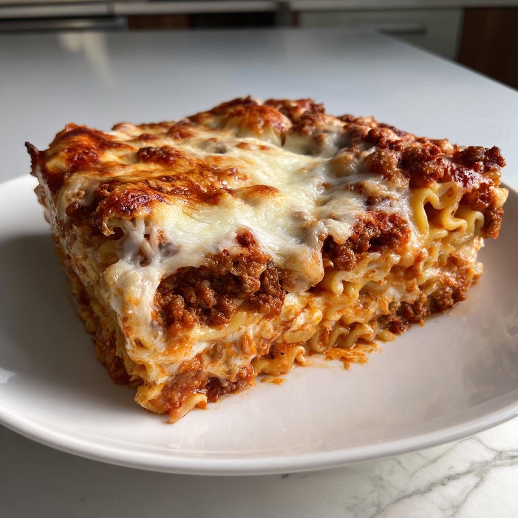 A thick, cheesy slice of Million Dollar Baked Ziti with layers of pasta, meat sauce, and melted cheese topping.