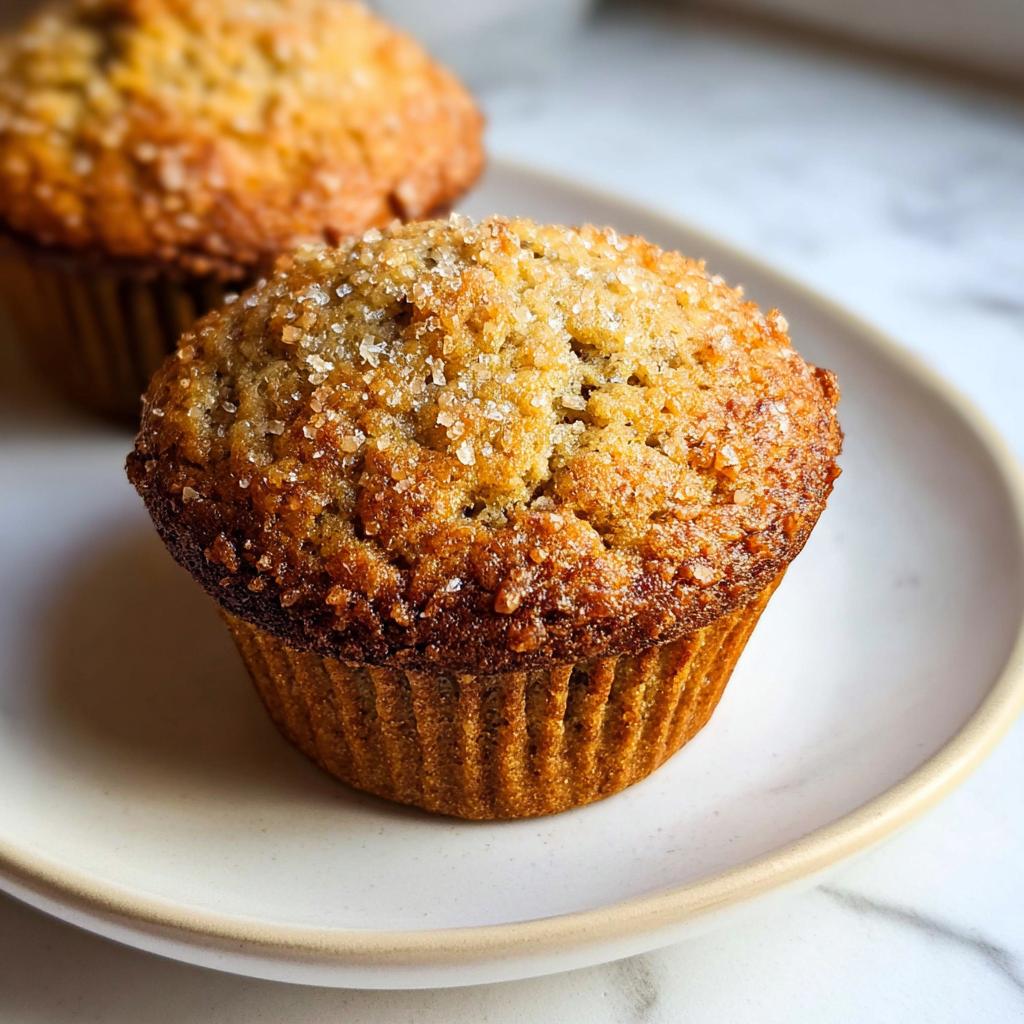 Close-up of a perfectly domed, moist Banana Muffin topped with coarse sugar crystals.