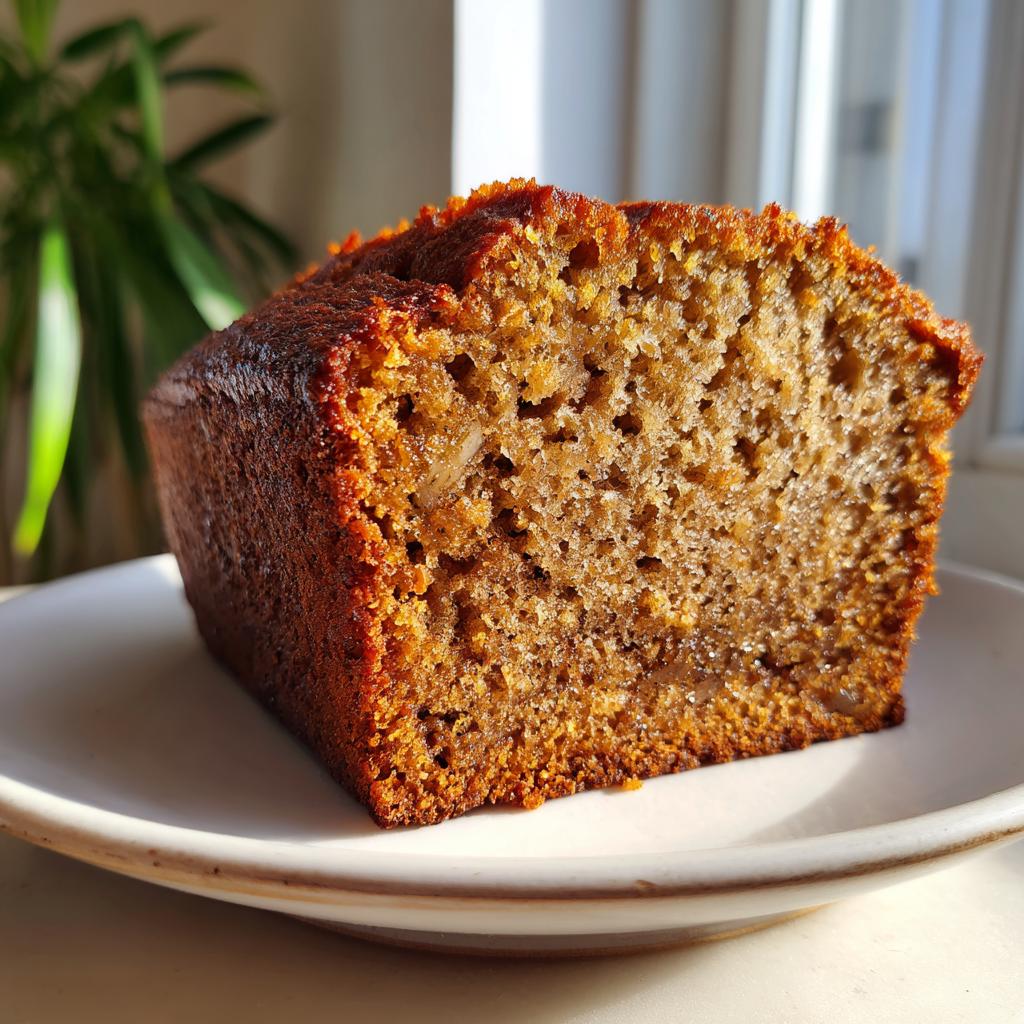 Close-up of a moist slice of banana bread, showing its rich brown color and tender crumb texture.