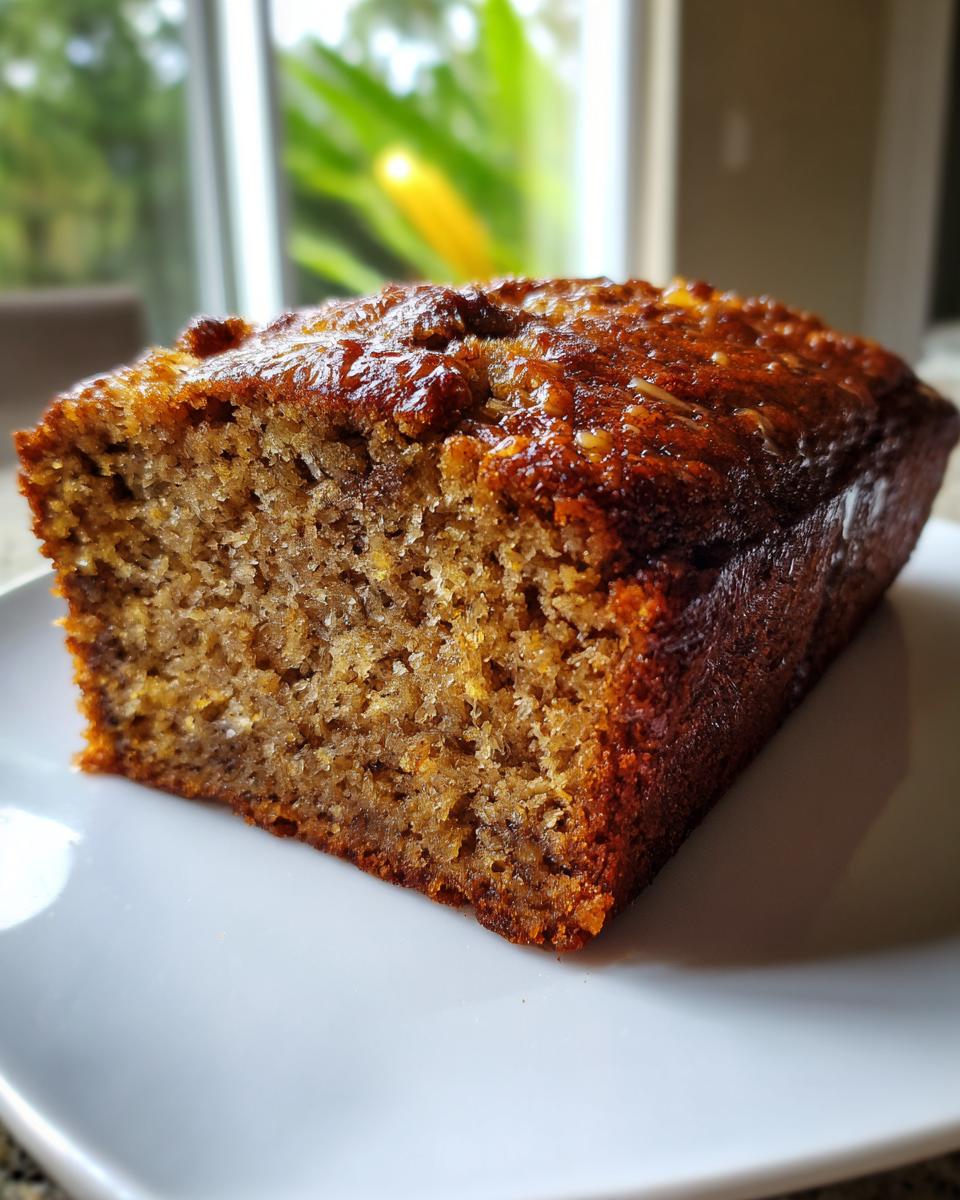 A thick, moist slice of banana bread with a dark, caramelized top crust, sitting on a white plate.