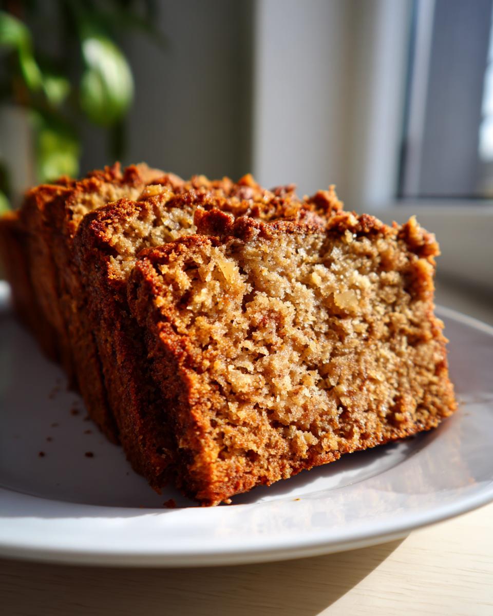 Close-up of moist banana bread recipe slices showing a rich brown crumb texture on a white plate.