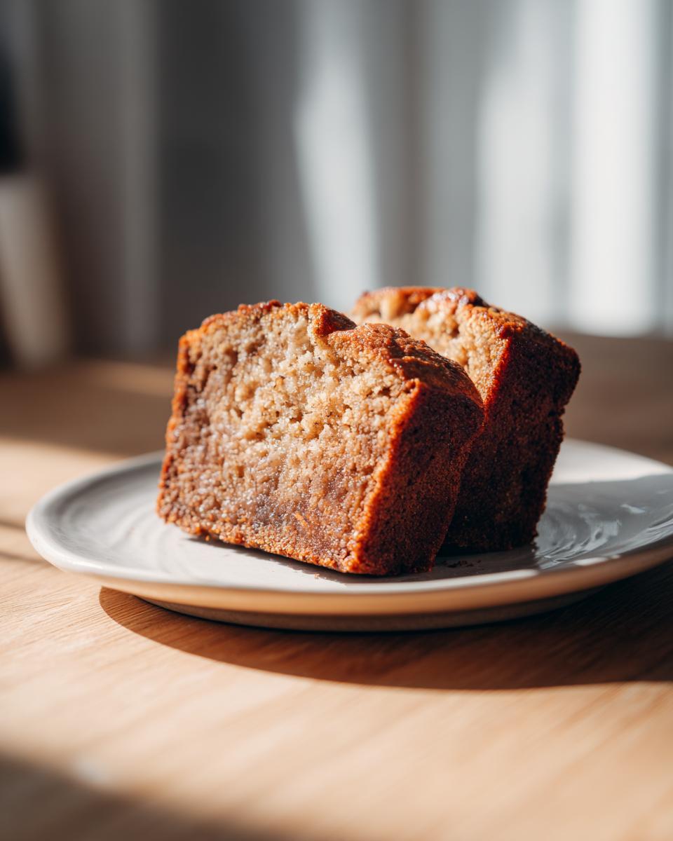 Two thick slices of moist banana bread recipe resting on a small light-colored plate.