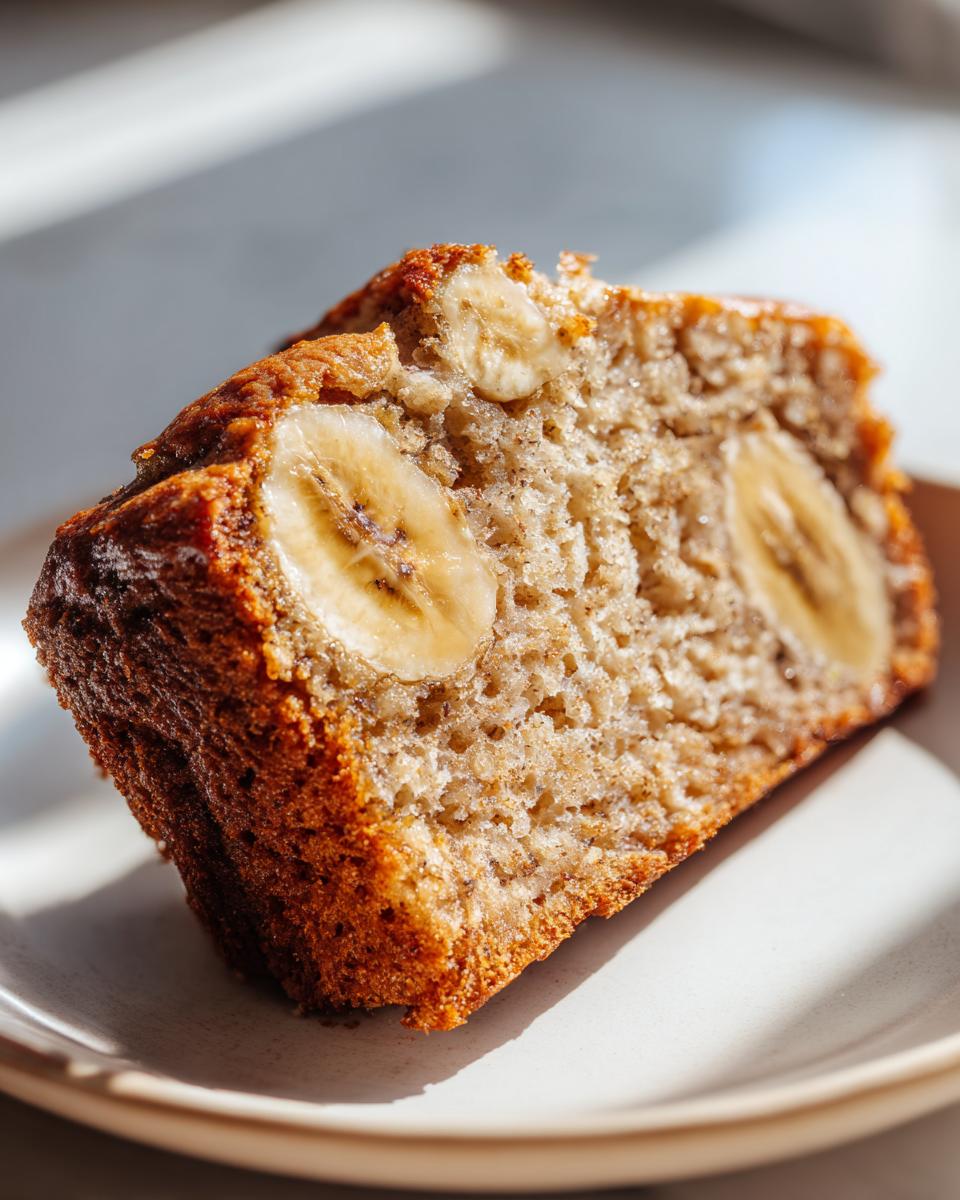 Close-up of a moist slice from an Easy Banana Bread Recipe, showing visible banana slices embedded in the crumb.