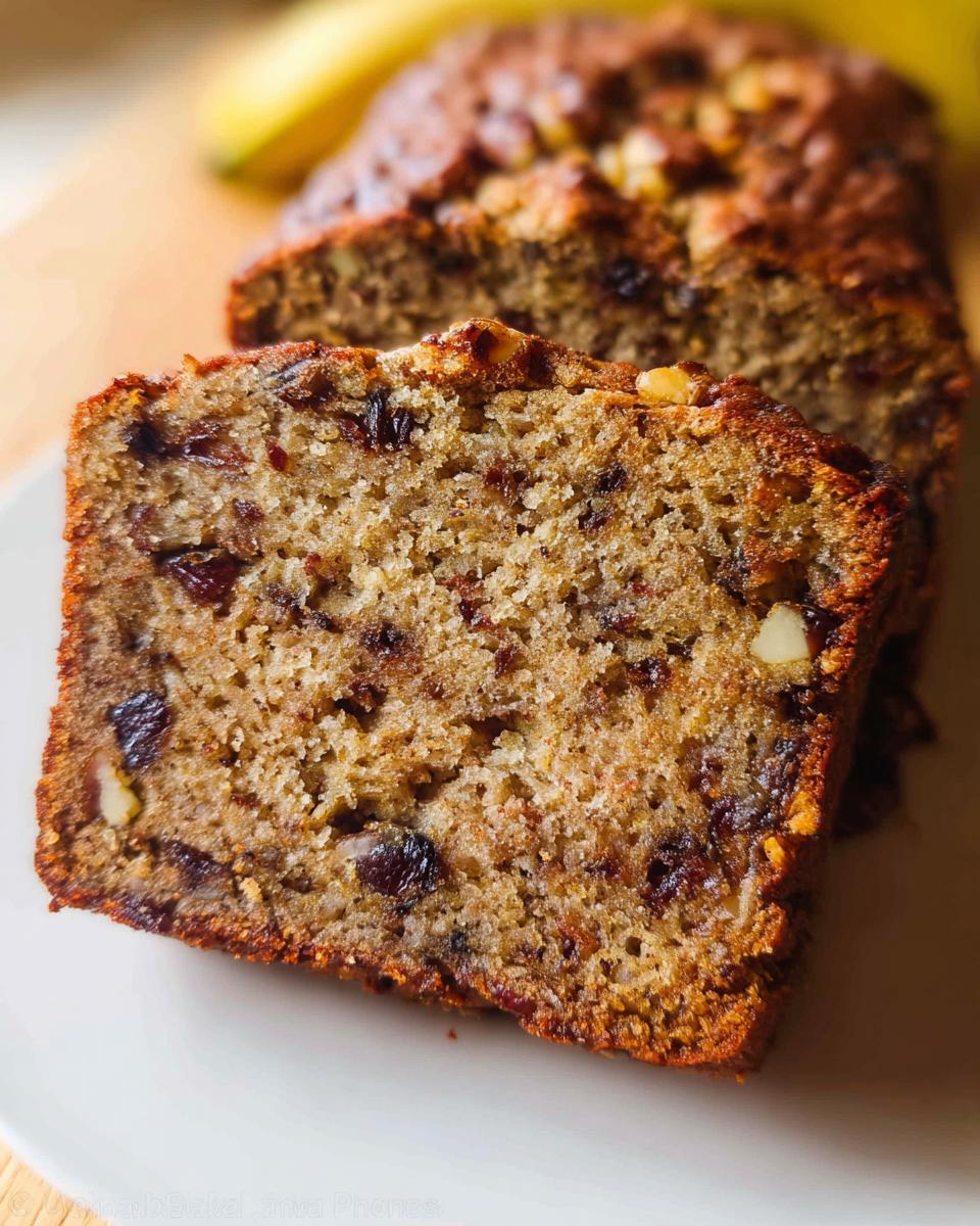 Close-up of a moist slice of Best Ever Banana Bread showing nuts and dried fruit texture.