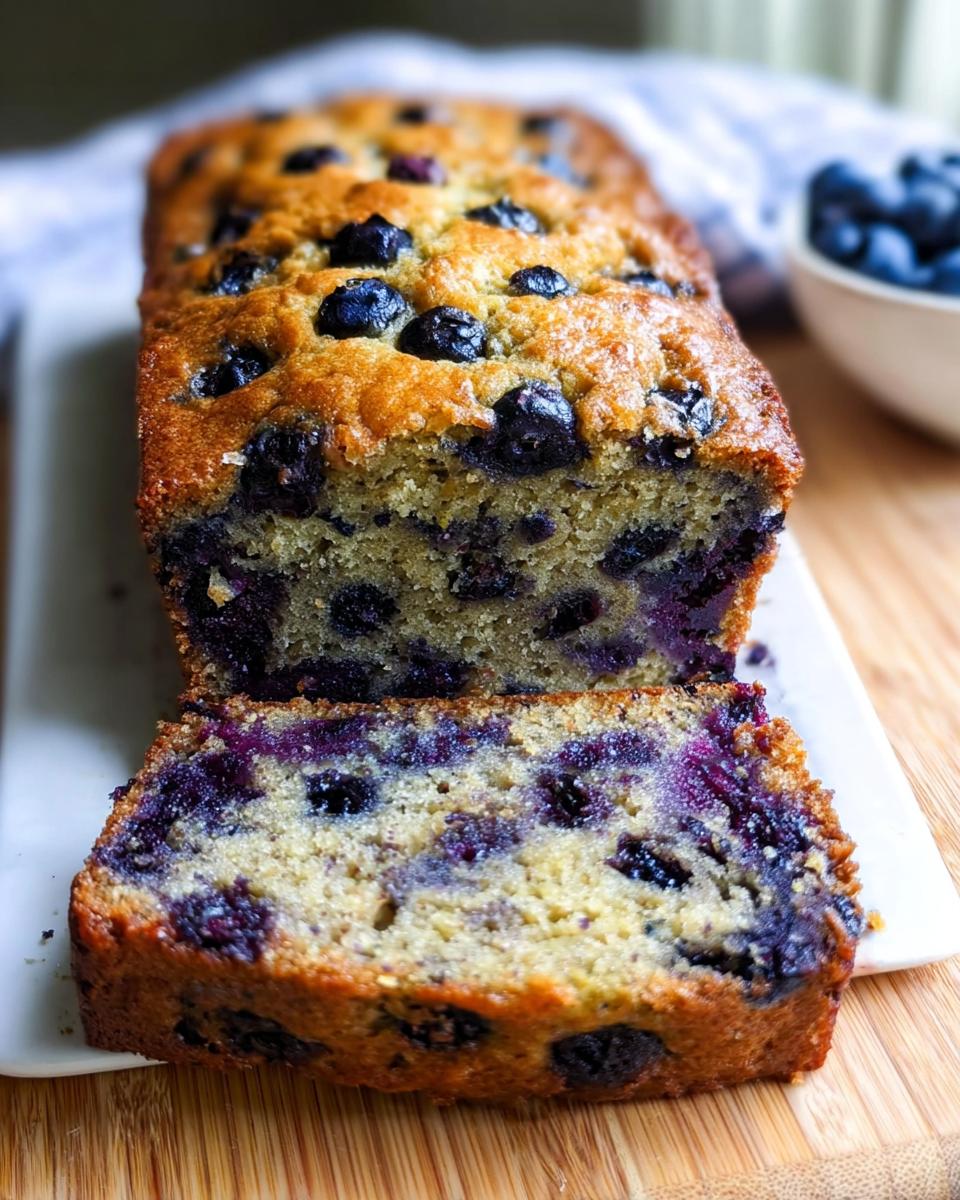 A close-up of a freshly baked Blueberry Banana Bread, sliced to show the moist interior packed with blueberries.