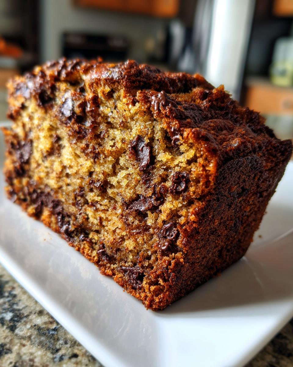 Close-up of a slice of super moist chocolate chip banana bread recipe, showing rich color and melted chocolate chips.
