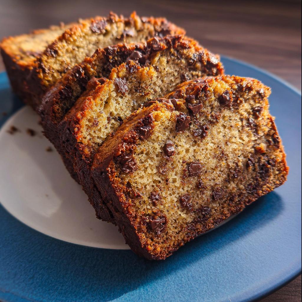 Four thick slices of moist Chocolate Chip Banana Bread showing rich texture and melted chocolate chips.