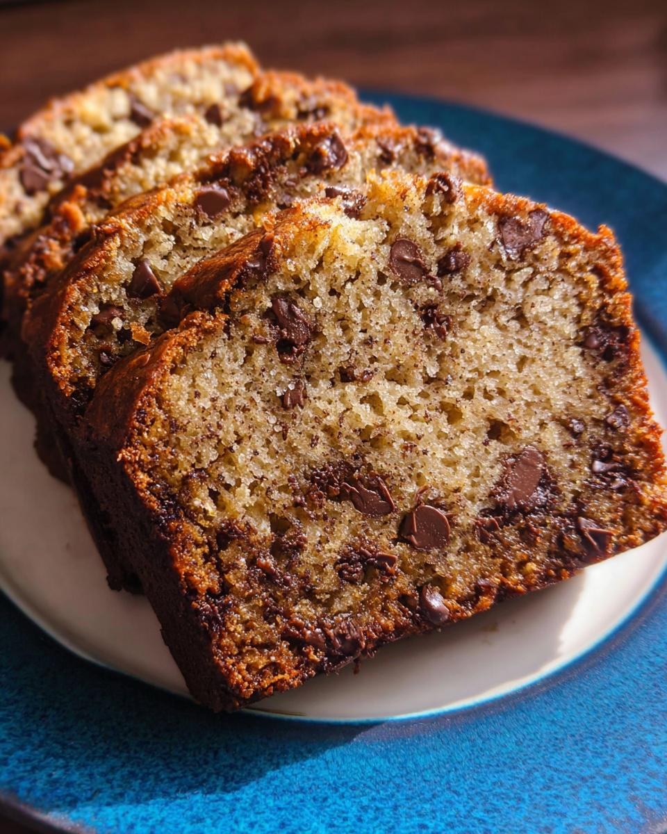 Close-up of four moist slices of Chocolate Chip Banana Bread arranged on a bright blue plate.