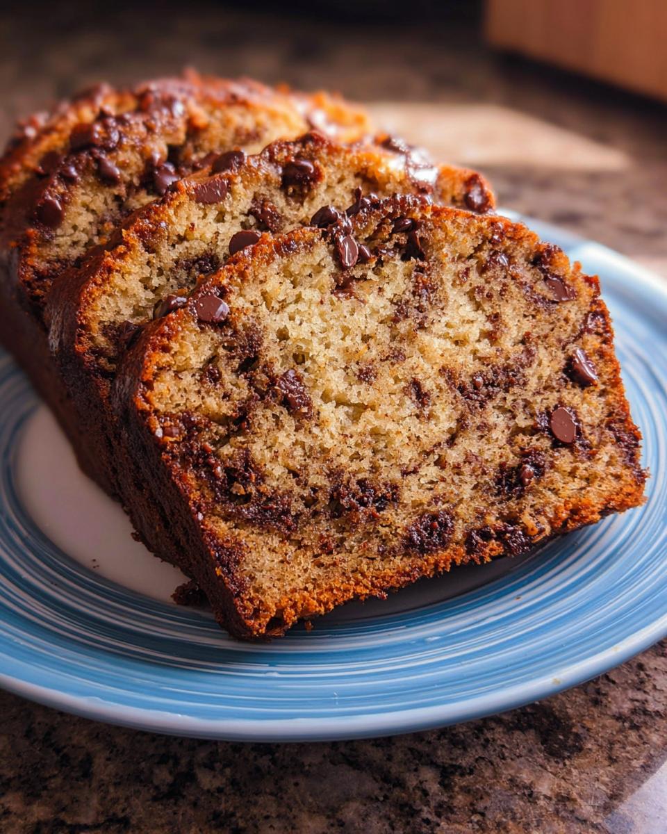 Three thick slices of moist Chocolate Chip Banana Bread, studded with melted chocolate chips, served on a blue striped plate.
