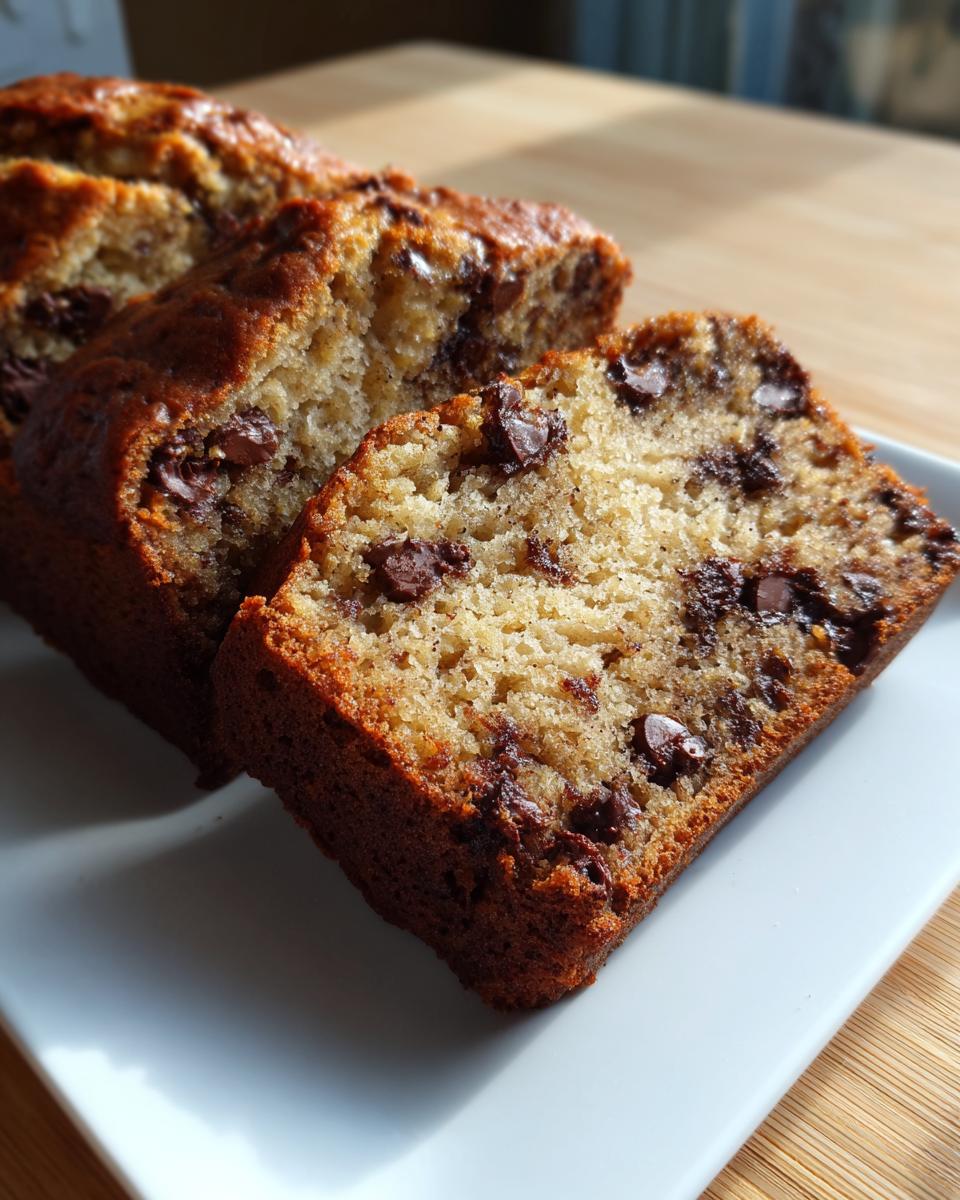 Close-up of moist chocolate chip banana bread recipe slices showing the tender crumb and melted chocolate chips.