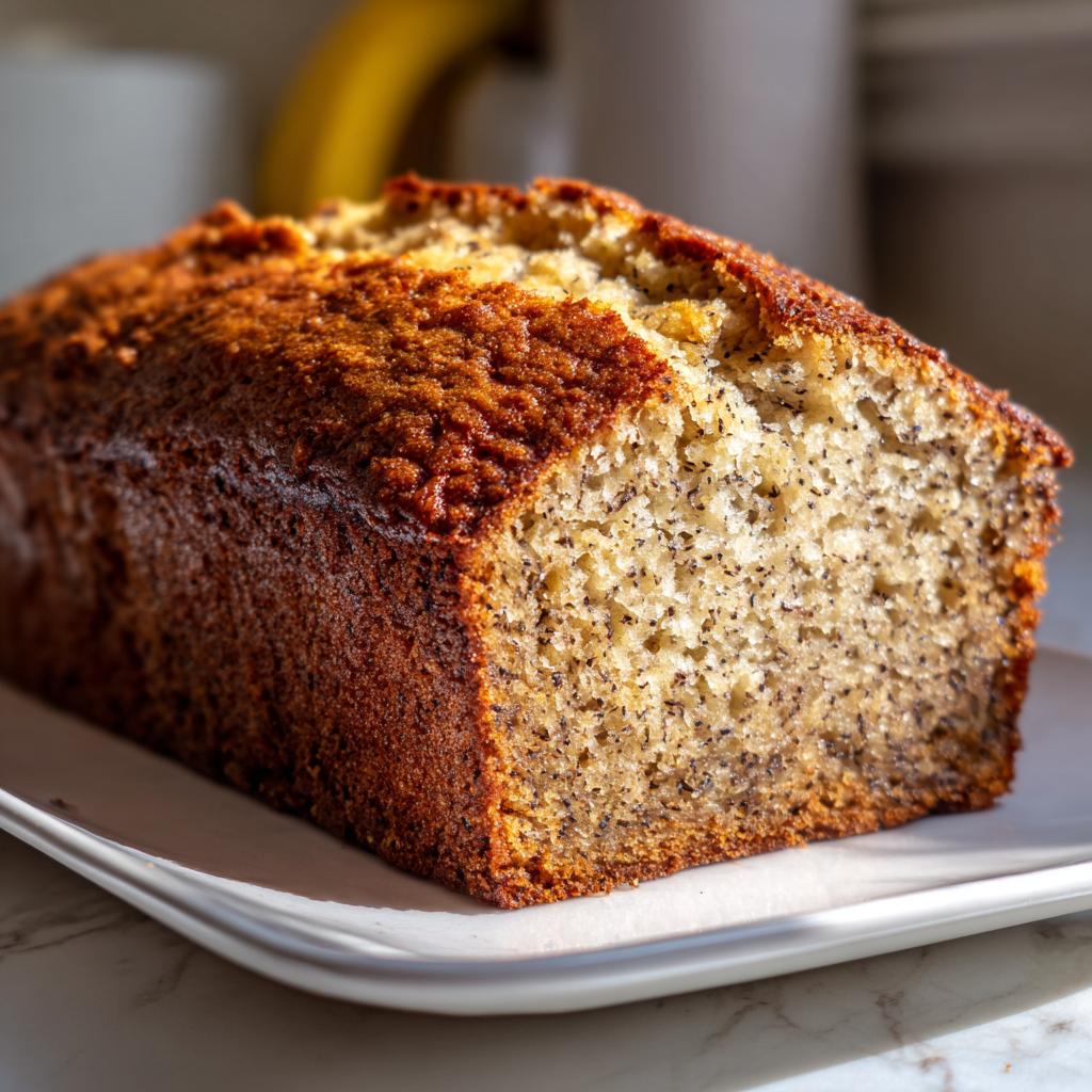 A golden-brown loaf of moist & easy banana bread showing the speckled interior texture on a white plate.