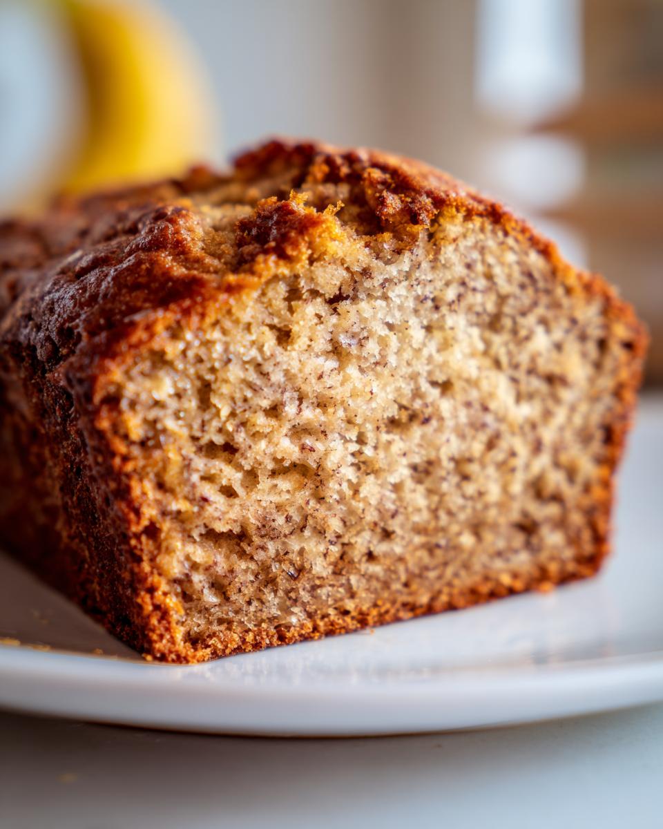 Close-up of a slice showing the moist, speckled interior of the Best Moist & Easy Banana Bread Recipe.