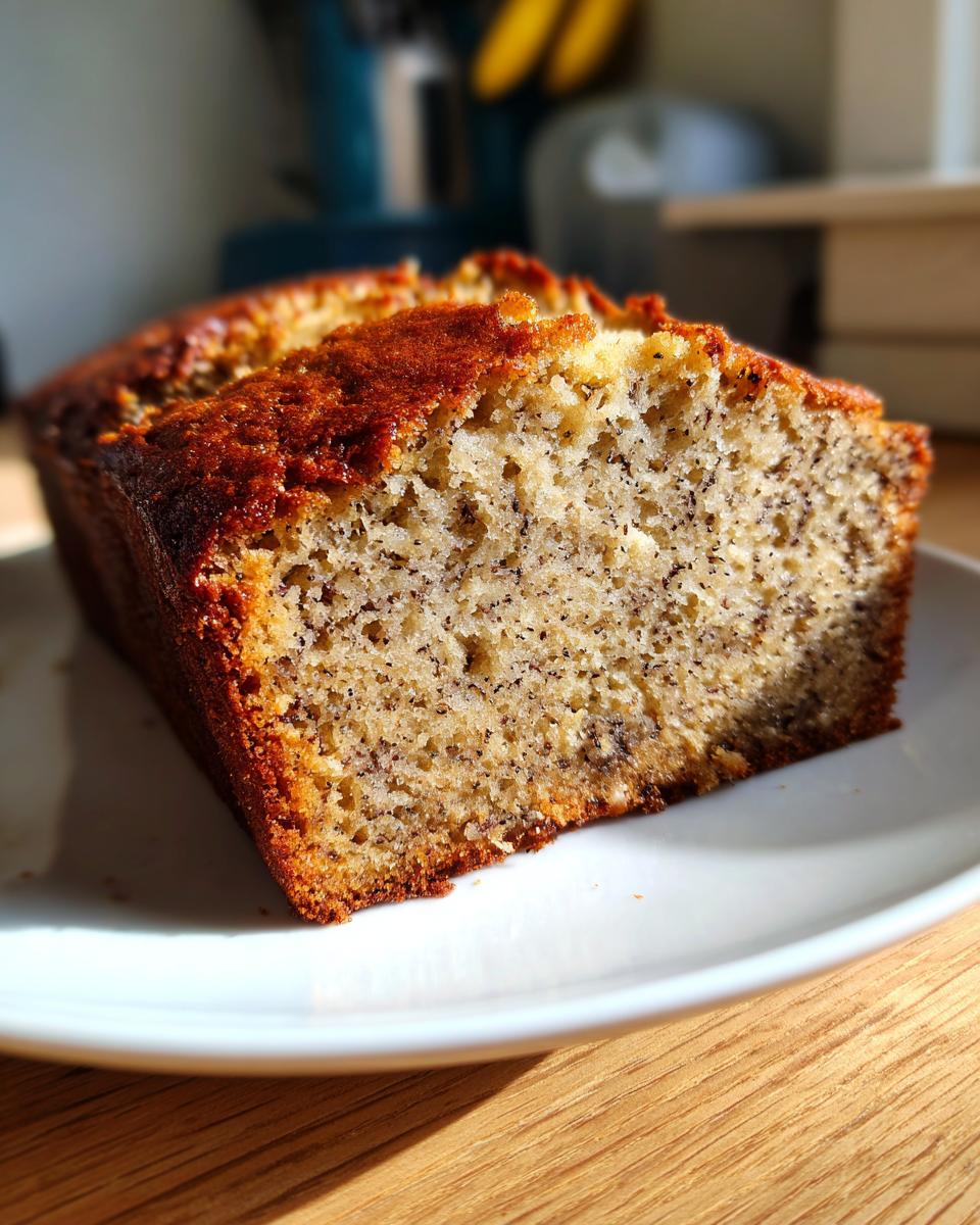 Close-up of a slice of moist and easy banana bread with a dark, caramelized crust.