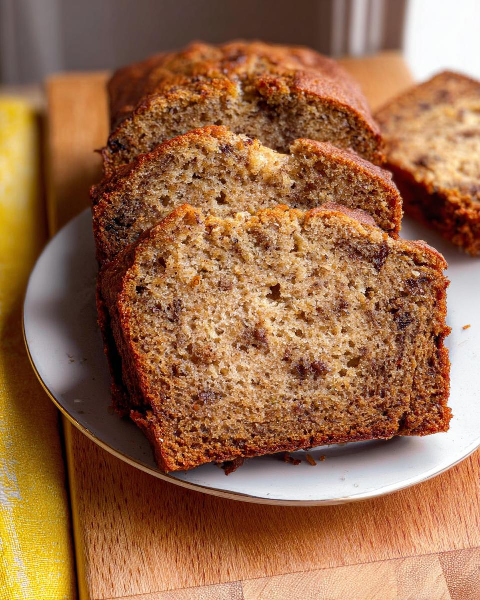 Close-up of several moist slices of One Bowl Banana Bread served on a small white plate.