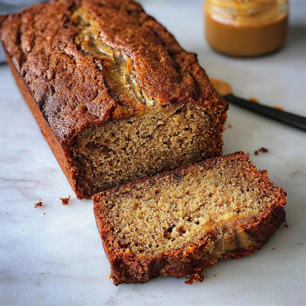 A loaf of moist Peanut Butter Banana Bread, partially sliced, showing the dense crumb texture.
