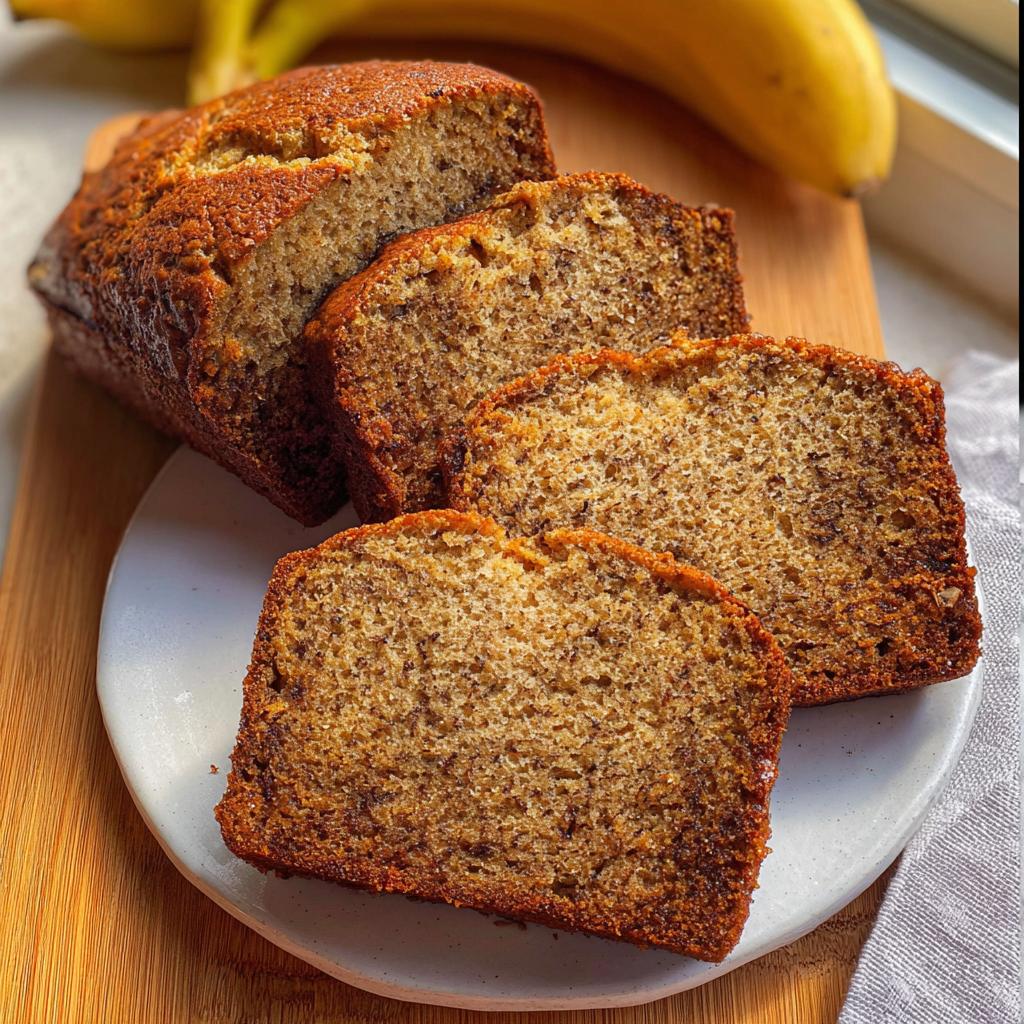 Close-up of moist, sliced One Bowl Banana Bread resting on a white plate with whole bananas blurred in the background.